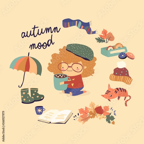 Cute cartoon girl with autumn elements. Autumn mood
