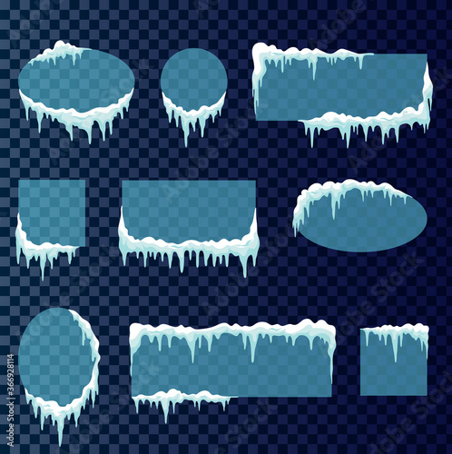 Frozen glass frames with snowflakes. Icy crystals pannels, diamond glass cold frozen frames