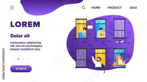 Friendly neighbors looking at windows. Friendship, neighbor, building flat vector illustration. Lifestyle and neighborhood concept for banner, website design or landing web page