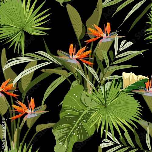 Fototapeta Naklejka Na Ścianę i Meble -  Illustration with orange strelitzia exotic flowers. Beautiful seamless background with tropical plants on black. Composition with flowers and exotic palm leaves.