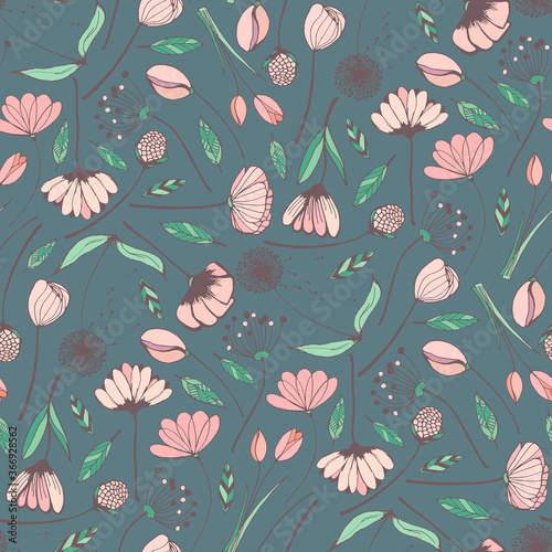 Hand drawn seamless pattern vector of different flowers, wildflowers, leaves. Spring colored floral doodle illustration for design cards, invitations, wallpaper, wrapping paper, fabric, packaging