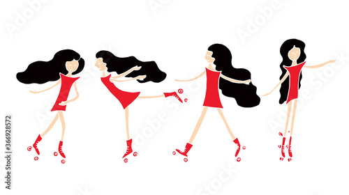 Roller skating girl wearing red dress vector illustration.
