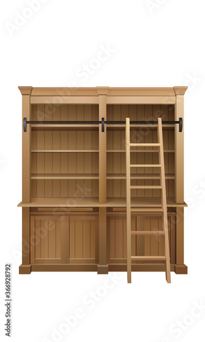 classic wooden bookcase with library ladder realistic 3d vector illustration isolated on white background