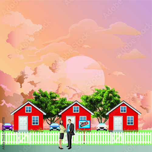 Row of detached residential homes on a suburb street with house sold to young couple set against a stunning dawn or dusk sky