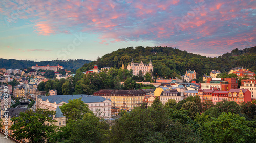 Obraz na płótnie Karlovy Vary, Czech Republic. Panoramic aerial image of Karlovy Vary (Carlsbad), located in western Bohemia at beautiful sunrise. w salonie