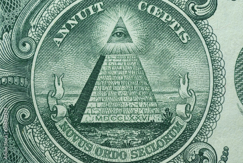 Picture of Great Seal of the United States with writings Annuit Coeptis and Novus Ordo Seclorum, printed on One USA dollar banknote photo