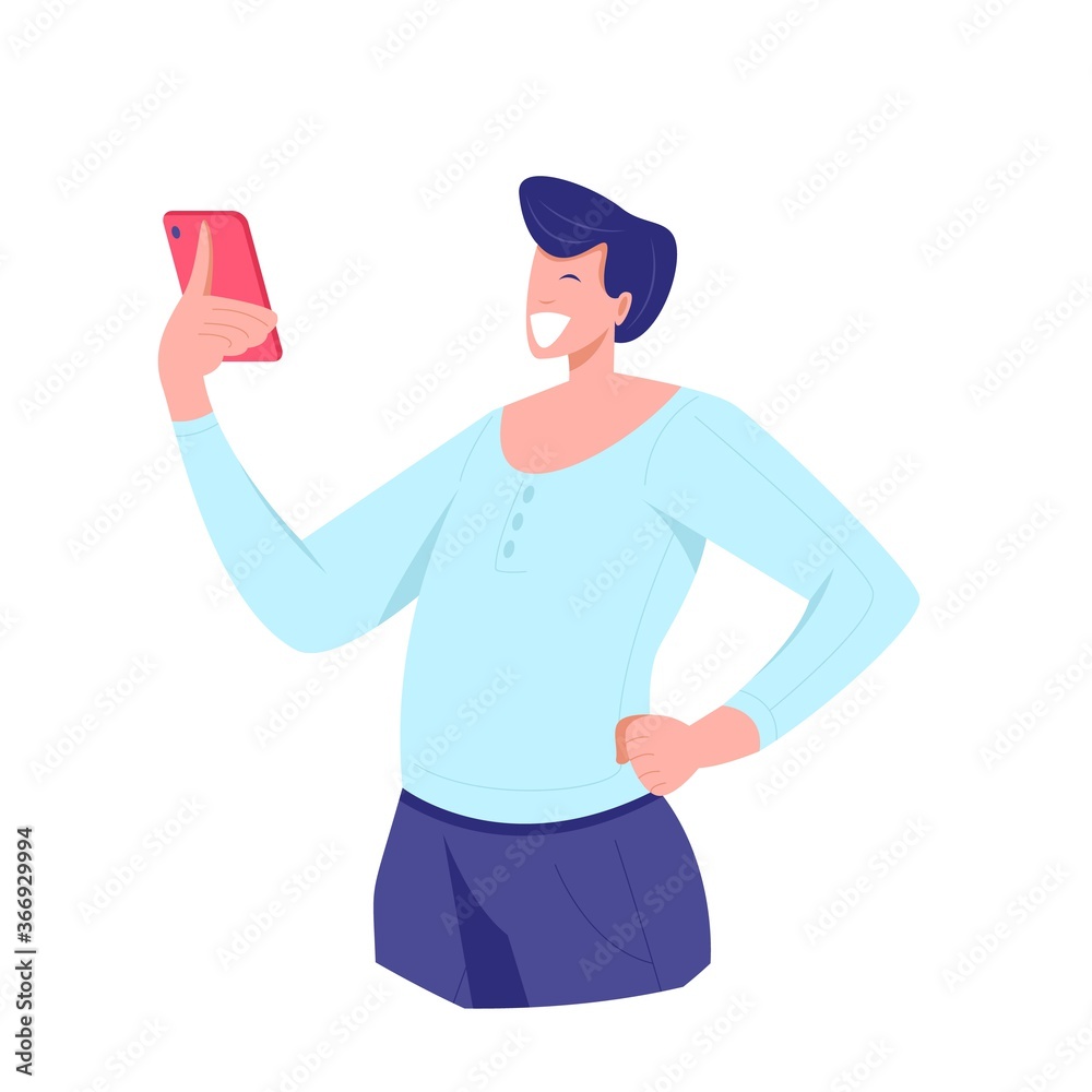 Smiling and surprised man looking smartphone
