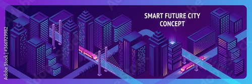 City of future isometric banner with speed trains riding on bridge with highway roads and glowing buildings around. Futuristic cityscape with neon glow skyscrapers illumination. 3d vector illustration