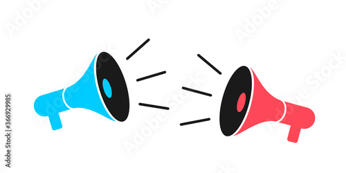 Two megaphones, speakers, loud speakers and loudspeaker are competing against each other - clash, conflict, battle, fight and duel. Vector illustration isolated on white.