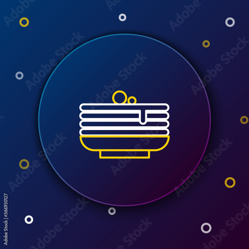 Line Stack of pancakes icon isolated on blue background. Baking with syrup and cherry. Breakfast concept. Colorful outline concept. Vector.