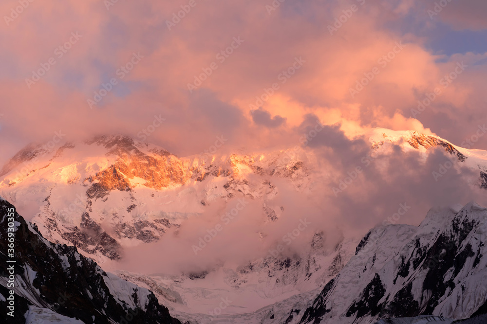 Khan Tengri Glacier viewed at sunset from the Base Camp,  Central Tian Shan Mountain range, Border of Kyrgyzstan and China, Kyrgyzstan