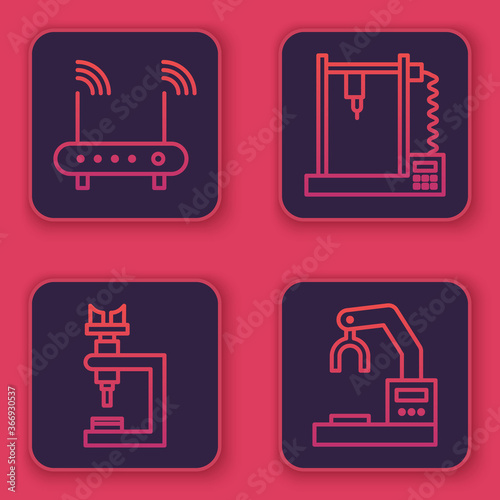 Set line Router and wi-fi signal, Microscope, 3D printer and Robotic robot arm hand factory. Blue square button. Vector.