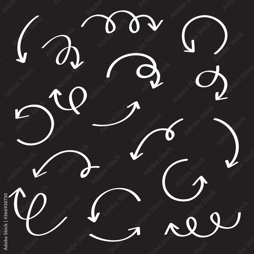 Arrow vector set isolated on black background. Trendy collection of different arrows for web site, app and logo. Hand drawn arrows, vector illustration Arrow vector set isolated on black background. Trendy collection of different arrows for web site, app and logo. Hand drawn arrows, vector illustration