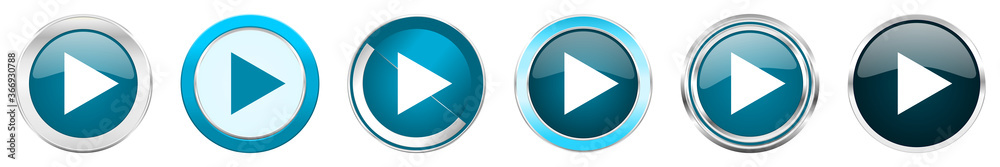 Play silver metallic chrome border icons in 6 options, set of web blue round buttons isolated on white background Play silver metallic chrome border icons in 6 options, set of web blue round buttons isolated on white background