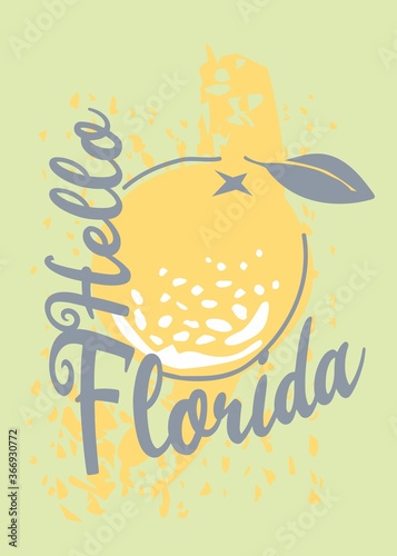 Florida T-shirt design with orange fruit on summer green background. Vector illustration.