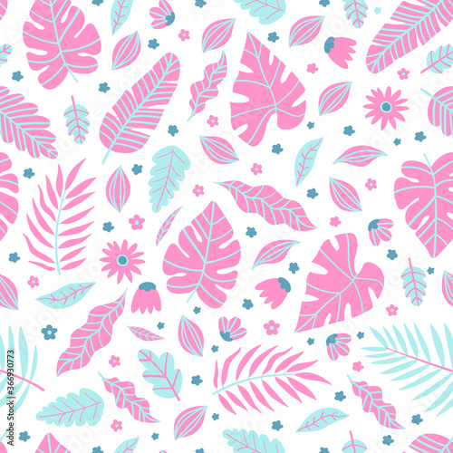 Summer exotic floral tropical palm, banana leaves in pink style. Pattern vector seamless on the pink background.