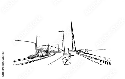 Building view with landmark of A Coruna is a port city on a promontory in the Galicia region of northwest Spain. Hand drawn sketch illustration in vector.