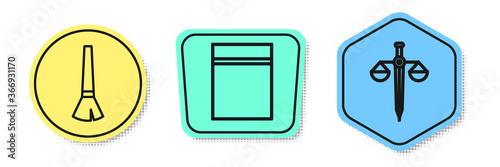 Set line Paint brush, Plastic bag with ziplock and Scales of justice. Colored shapes. Vector.