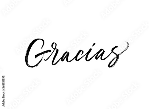 Gracias ink brush vector lettering. Thank you in Spanish. Modern phrase handwritten vector calligraphy. Black paint lettering isolated on white background. Postcard, greeting card, t shirt print.