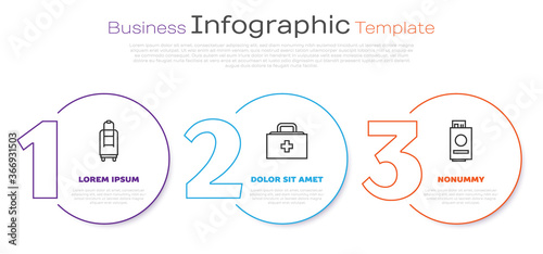 Set line Suitcase, First aid kit and Passport with ticket. Business infographic template. Vector.