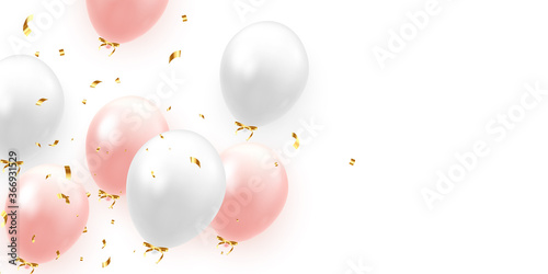 Background with festive realistic balloons with ribbon. Color pink and white, studded with gold sparkles and glitter confetti.Vector illustration