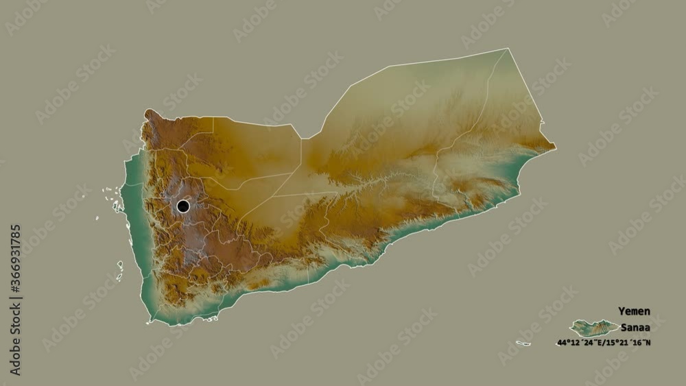 Raymah, governorate of Yemen, with its capital, localized, outlined and zoomed with informative overlays on a relief map in the Stereographic projection. Animation 3D Raymah, governorate of Yemen, with its capital, localized, outlined and zoomed with informative overlays on a relief map in the Stereographic projection. Animation 3D