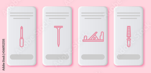 Set line Screwdriver, Metallic nail, Wood plane tool and Chisel tool for wood. White rectangle button. Vector.
