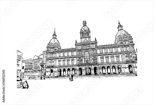 Building view with landmark of A Coruna is a port city on a promontory in the Galicia region of northwest Spain. Hand drawn sketch illustration in vector.