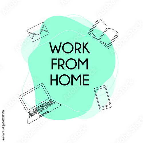 Vector illustration: Work from home. Social distance during quarantine. Home office flat design icon with electronic devices.