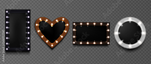Light bulb frames, retro makeup mirrors for artists, hollywood vintage design billboards borders, casino style glowing screens of round, heart and rectangular shapes, Realistic 3d vector illustration