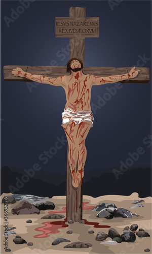 Jesus Christ's Crucifixion - Hanging On The Cross At Golgotha as darkness comes over the land - vector