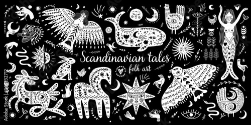 Modern bohemian style, folk tribal art in the Scandinavian style. Folk mythology, Swedish folklore. animals and plants.