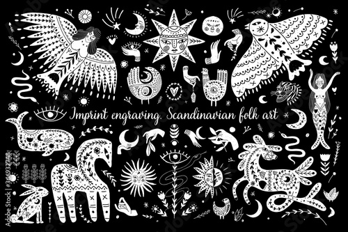 Modern bohemian style, folk tribal art in the Scandinavian style. Folk mythology, Swedish folklore. animals and plants.