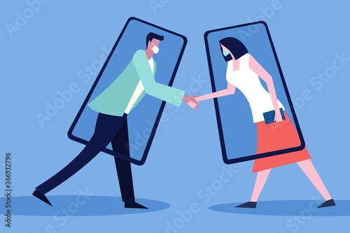 Conceptual illustration of a man and woman wearing masks framed by mobile phones shaking hands. Concept of social life at the time of viral pandemic