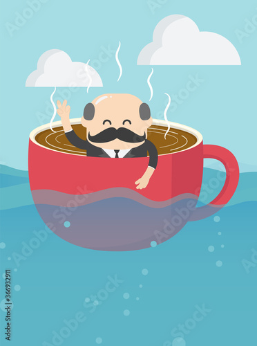 Elderly business people in retirement who is in a cup of coffee and is rowing with diligence