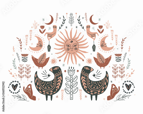 Modern bohemian style, folk tribal art in the Scandinavian style. Folk mythology, Swedish folklore. animals and plants.