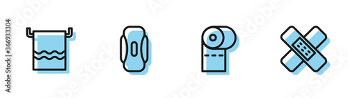 Set line Toilet paper roll, Towel on hanger, Sanitary napkin and Crossed bandage plaster icon. Vector.