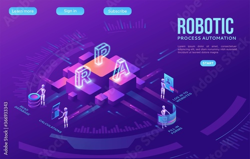 Robotic process automation landing page template with robots working with data, arms moving files, extracting information from websites, rpa digital technology, 3d isometric vector illustration