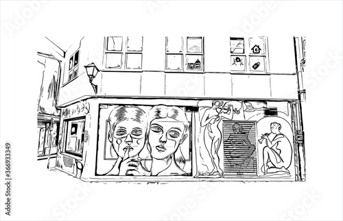 Building view with landmark of A Coruna is a port city on a promontory in the Galicia region of northwest Spain. Hand drawn sketch illustration in vector.