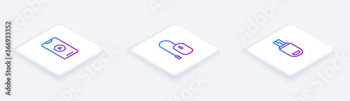 Set Isometric line Online play video, Computer mouse and USB flash drive. White square button. Vector.