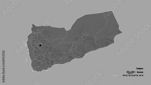 Ta`izz, governorate of Yemen, with its capital, localized, outlined and zoomed with informative overlays on a bilevel map in the Stereographic projection. Animation 3D photo