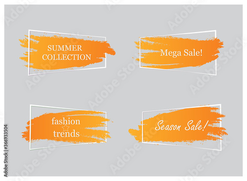 Trendy banner flat design set isolated on gray background. Brush stroke banner for design template, label, sticker and badge.Useful for placard, cards and poster. Modern collection of creative banners
