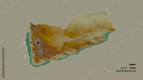 Ta`izz, governorate of Yemen, with its capital, localized, outlined and zoomed with informative overlays on a relief map in the Stereographic projection. Animation 3D photo
