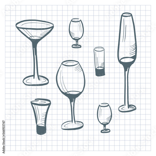 Glasses collection. Set of hand drawn doodle style glasses for alcohol drinks. Vector illustration