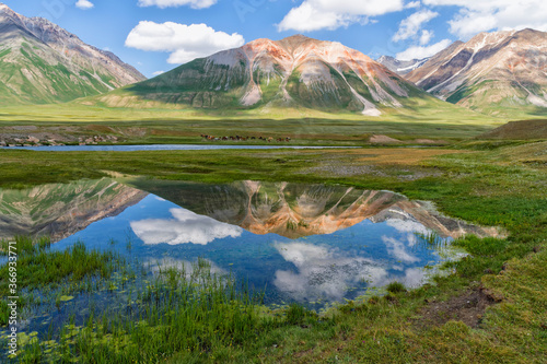 Mountains reflecting in water, Naryn gorge, Naryn Region, Kyrgyzstan