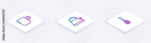 Set Isometric line Coffee cup, Kettle with handle and Kitchen whisk. White square button. Vector.
