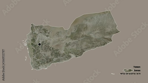 Ta`izz, governorate of Yemen, with its capital, localized, outlined and zoomed with informative overlays on a satellite map in the Stereographic projection. Animation 3D photo