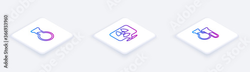 Set Isometric line Test tube and flask, Radioactive in location and . White square button. Vector.