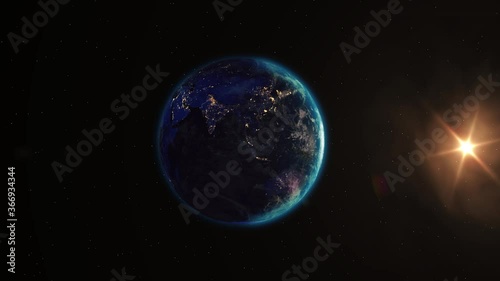 Sunrise view from space on Planet Earth. High detailed 4k 3D Render animation. Elements of this image furnished by NASA