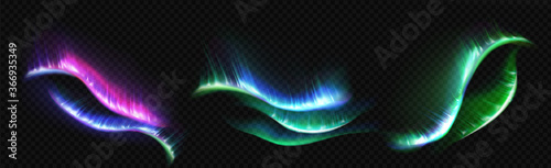 Arctic aurora borealis, polar lights, northern natural phenomena isolated on dark background. Amazing iridescent glowing wavy illumination on night sky, shining. Realistic 3d vector illustration, set